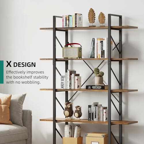 YITAHOME 5 Tier Industrial Brown Bookshelf, Large Storage Organizer for Living Room, Bedroom, Home Office