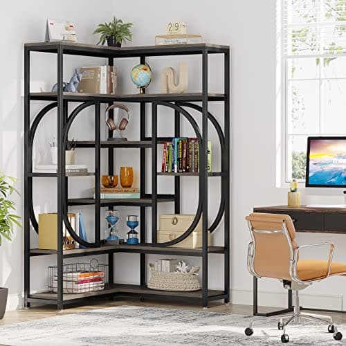 Tribesigns Large Grey Corner Bookshelf with Storage for Living Room and Office