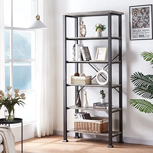 HOMBAZAAR Grey Industrial 6 Tier Bookshelf for Living Room, Office, Bedroom, Kitchen