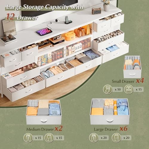 EnHomee 71" TV Stand for 85/80/75 Inch TVs with LED & Charging, Large White Console