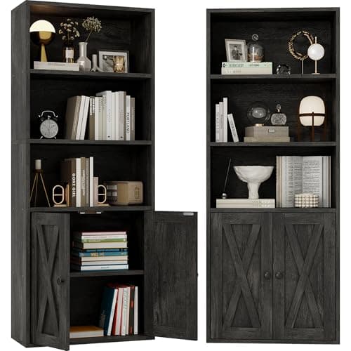 IRONCK Industrial Bookshelves with Doors, 11.8in Depth, 5 Shelf Storage, Home Office Decor