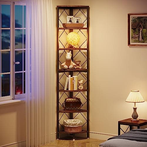 7-Tier Extra Tall Industrial Wood Corner Shelf for Small Spaces