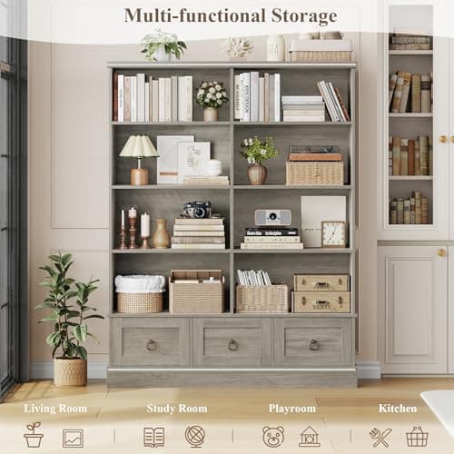 HOSTACK Farmhouse 47" Wide Bookcase with Drawers & 5 Tier Shelves, 63" Tall Storage UnitAsh Grey