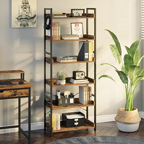 Rolanstar Industrial 6-Tier Bookshelf with Hooks, Rustic Brown for Living Room, Bedroom