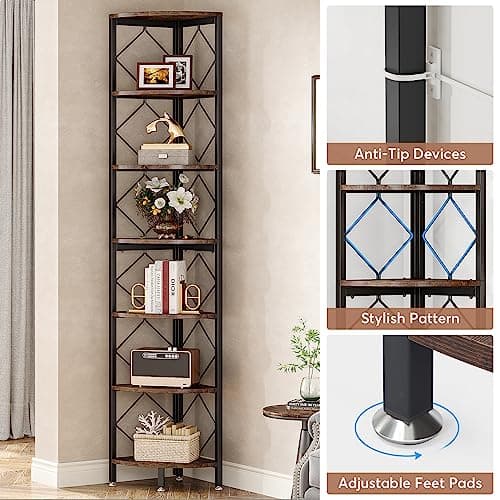 7-Tier Extra Tall Industrial Wood Corner Shelf for Small Spaces