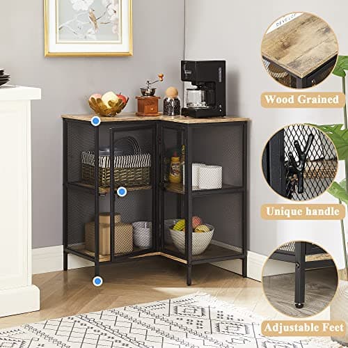 VECELO 3-Tier Corner Cabinet, Oak Grey, Industrial Style TV Stand