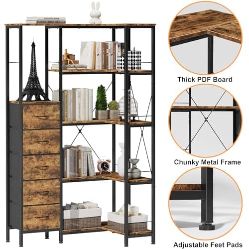 Industrial Convertible Corner Bookshelf with Drawers & Display Shelf, Large Wood Shelf in Rustic Brown