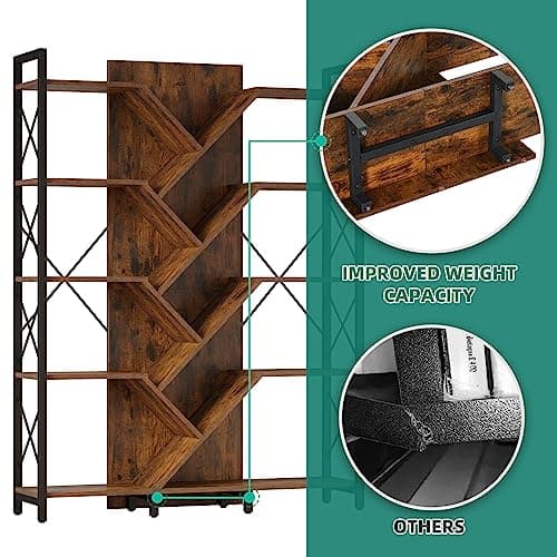 YITAHOME Rustic Brown 5-Tier Large Tree Bookshelf for Living Room and Office