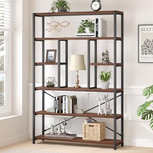 Vintage Brown Metal Wood 6 Tier Bookshelf for Living Room and Bedroom