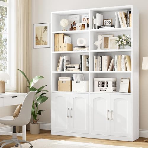 Double Wide 6 Tier White Bookshelf with Doors & Storage Cabinets for Home Office