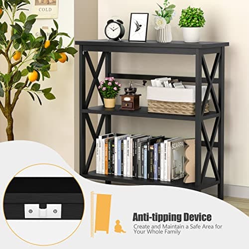 Tangkula Black X-Design 3-Tier Bookshelf for Living Room and Office