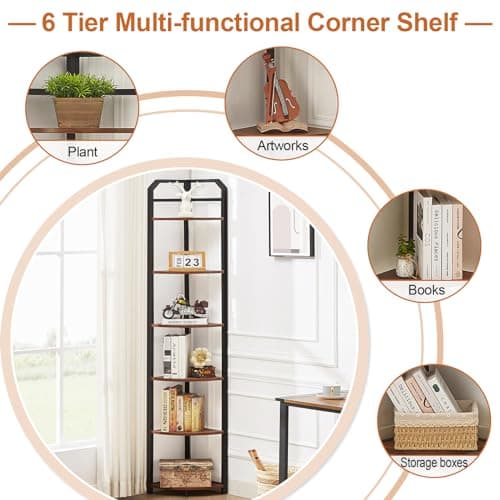 6-Tier Industrial Brown Corner Bookshelf for Home Office & Living Room