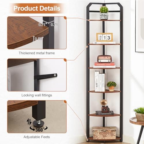 6-Tier Industrial Brown Corner Bookshelf for Home Office & Living Room