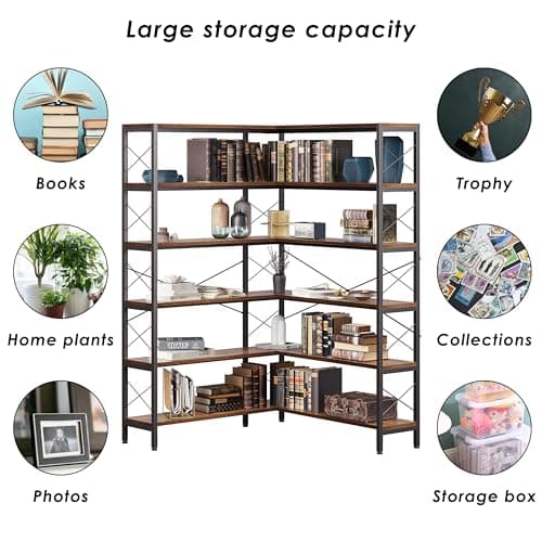Vintage Industrial 6-Shelf Corner Bookshelf