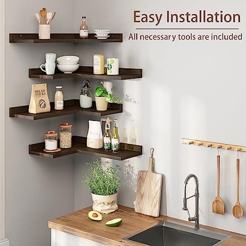 Rustic Dark Brown Floating Corner Shelves Set of 4 for Wall Décor Storage