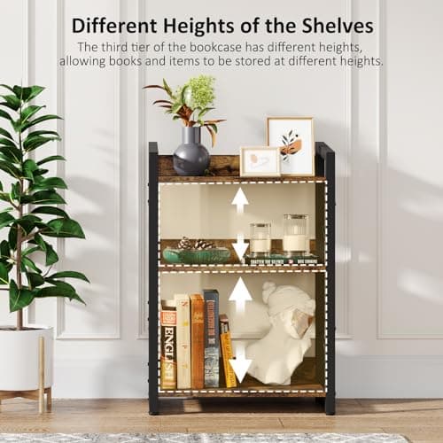 Rustic Brown 3-Tier Industrial Bookshelf for Home Office and Bedroom