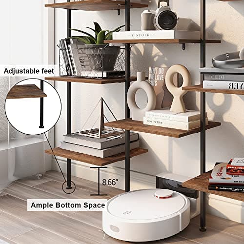 5-Tier Industrial Wooden and Metal Wall Mounted Bookshelf (Rustic Brown, Large)