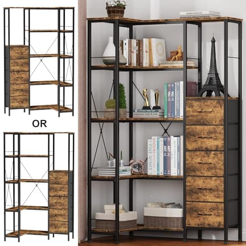 Industrial Convertible Corner Bookshelf with Drawers & Display Shelf, Large Wood Shelf in Rustic Brown