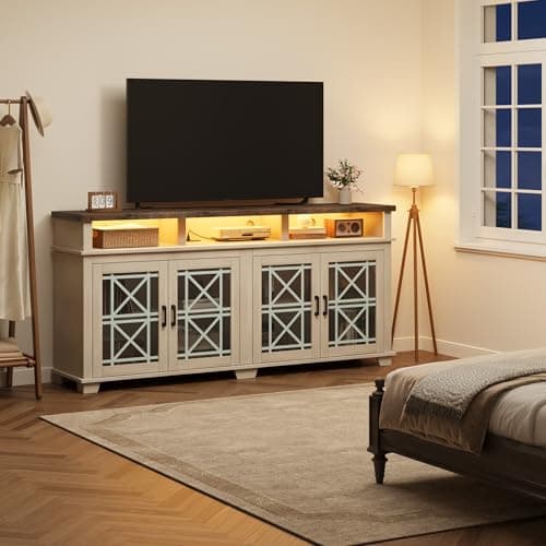 GAOMON Whitewashed Farmhouse TV Stand with LED Lights & Storage for 70" TV