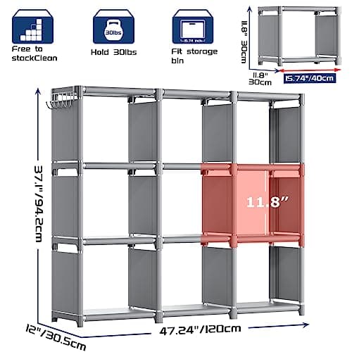 Mavivegue 9 Cube Metal Bookshelf, Grey Storage Organizer for Bedroom and Office