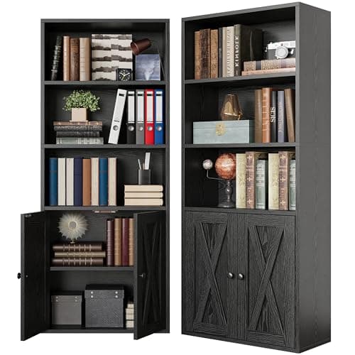 IRONCK Industrial Bookshelves with Doors, 11.8in Depth, 5 Shelf Storage, Home Office Decor
