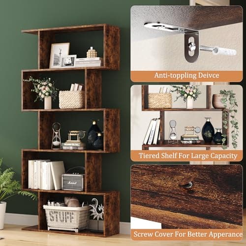 Yusong 5-Tier Geometric S-Shaped Bookshelf, Modern Rustic Brown Home Office Decor