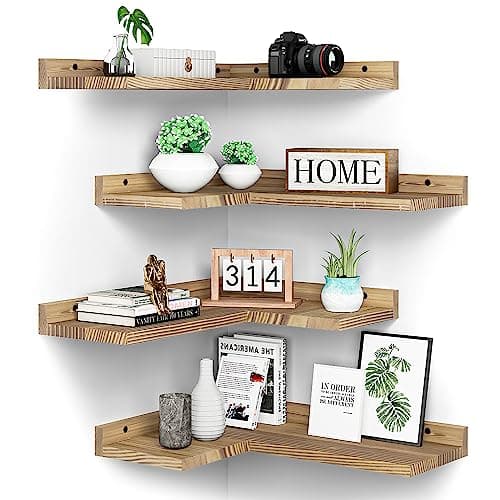Rustic Dark Brown Floating Corner Shelves Set of 4 for Wall Décor Storage