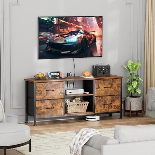 Rustic Brown TV Stand with Power Outlet and Drawer Storage for 50 TVs