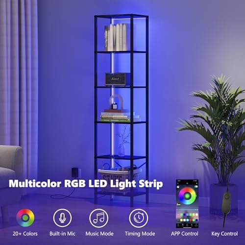 6-Tier Tall Narrow Bookshelf with LED Lights, Black Steel Frame