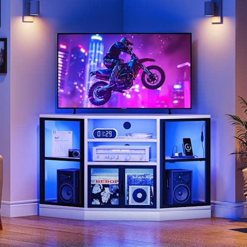 YITAHOME 47-Inch Modern Corner TV Stand with Storage and LED Light for Living Room or Bedroom, White