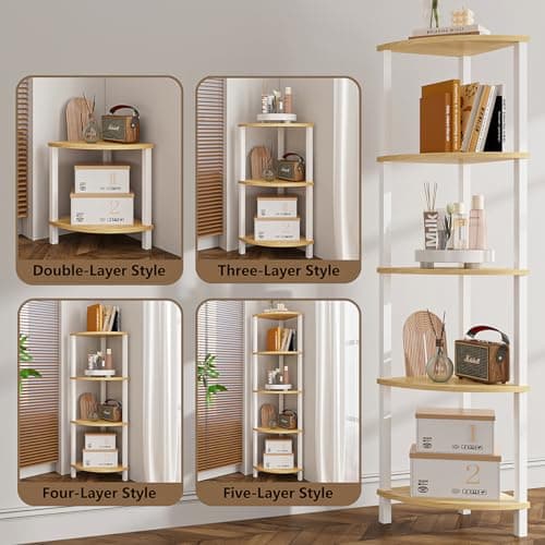 5-Tier Industrial Ladder Shelf, White & Nature Wood, UJSJ001Q