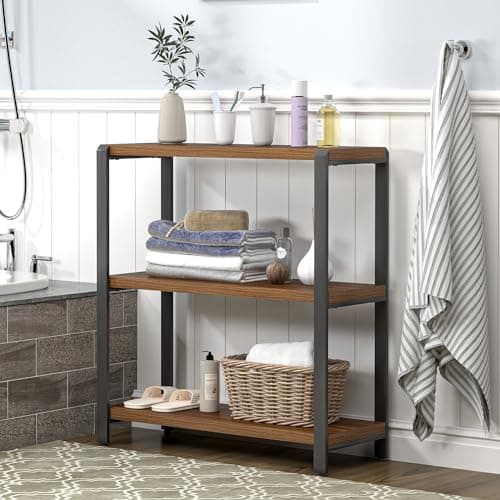 FOLUBAN 3-Tier Industrial Metal & Wood Bookshelf, Rustic Walnut, for Living Room and Bedroom