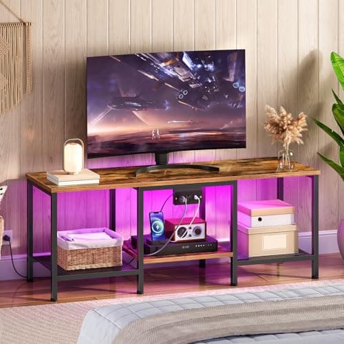 HOOBRO 55 Inch TV Stand with Charging, LED Entertainment Center, Rustic Brown