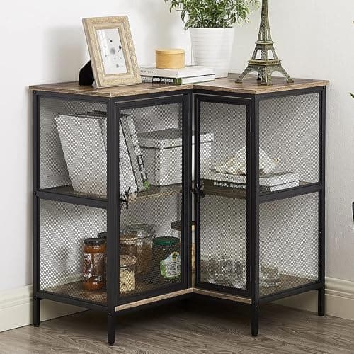 VECELO 3-Tier Corner Cabinet, Oak Grey, Industrial Style TV Stand