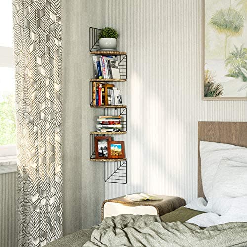 Love-KANKEI Carbonized Black 5-Tier Rustic Wood Wall Mount Corner Shelves