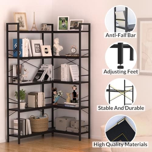 Black 5-Tier L-Shaped Corner Bookshelf with Open Storage