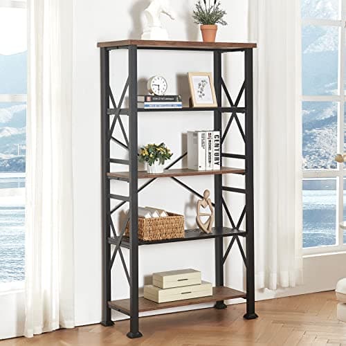 HOMBAZAAR 5 Tier Tall Rustic Bookshelf, Metal Frame, Brown, Living Room, Bedroom, Home Office