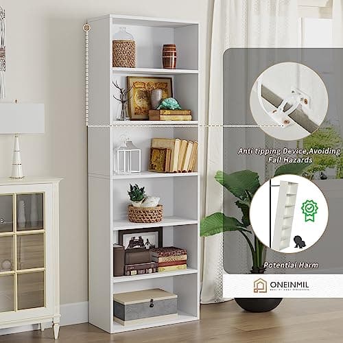 Oneinmil 6-Tier Floor Standing Bookshelf, White, Home Office Decor