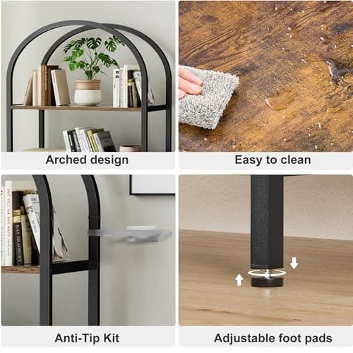 Homhedy 6-Tier Arched Wood & Metal Bookshelf, Tall Standing Display Unit, Rustic Brown