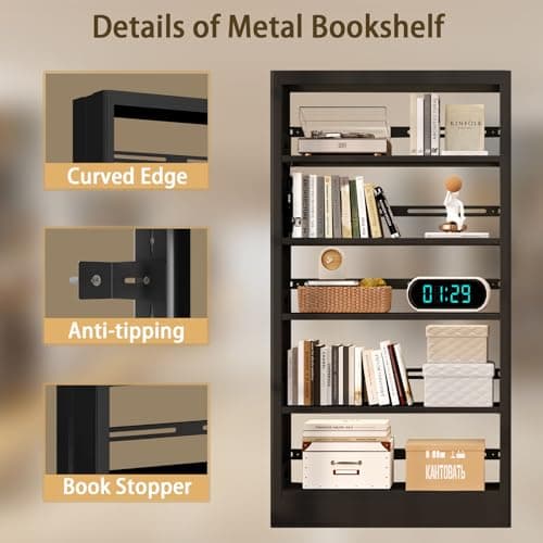 71" Black Metal 5-Tier Bookshelf with Adjustable Shelves, Heavy Duty Storage for Library, Office, Bedroom, Living Room,