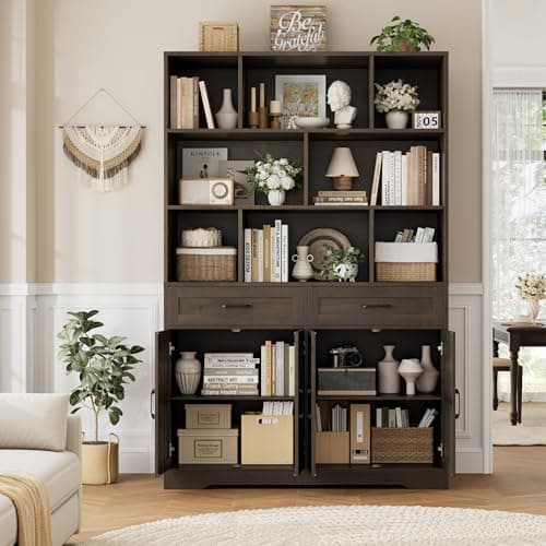HOSTACK 71" Tall Dark Brown Bookcase with Drawer and Door