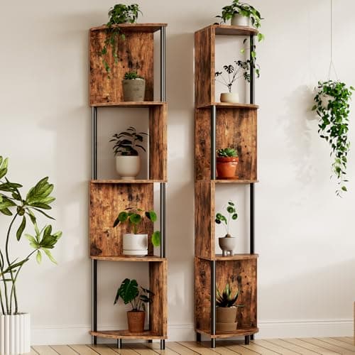 HOOBRO Rustic Brown 5-Tier Corner Shelf Stand, Tall Plant & Book Display