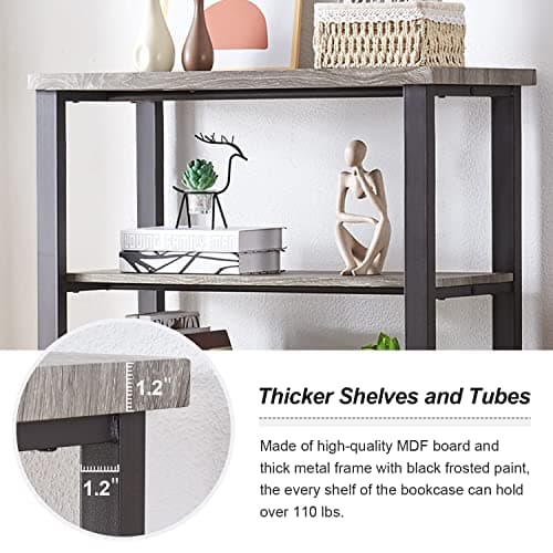 HOMBAZAAR Grey Industrial 4 Tier Bookshelf, Engineered Wood & Metal Deep Bookcases
