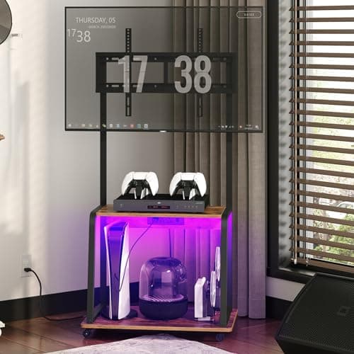HOOBRO Adjustable Corner TV Stand with Mount and Power Outlet - Rolling Console with LED Lights for Up to 55 TVs - Rustic Brown and Black