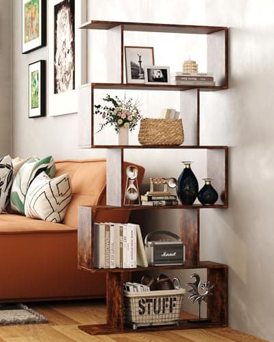 Yusong 5-Tier Geometric S-Shaped Bookshelf, Modern Rustic Brown Home Office Decor
