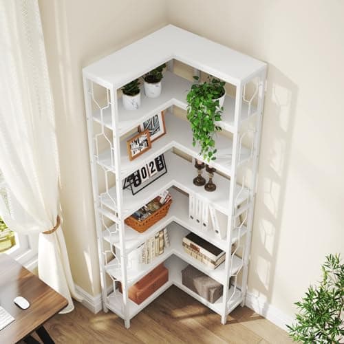 Tribesigns 7-Tier Industrial White Wood & Metal Corner Bookshelf