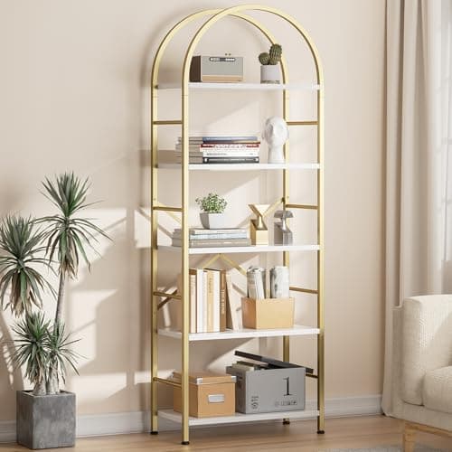 Shintenchi Arched 5-Tier Bookshelf, Tall Rustic Brown for Home Office or Bedroom