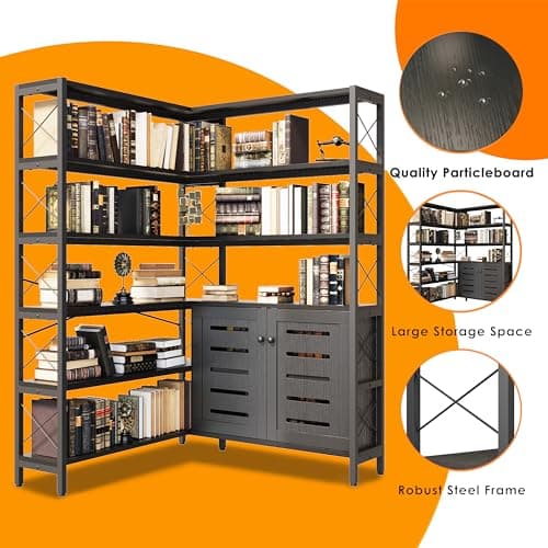 Vintage Industrial 6-Shelf Black Corner Bookshelf with Metal Frame