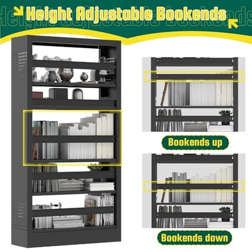 71" Black Metal Bookshelf with Adjustable Shelves and Bookends for Home Office and Living Room