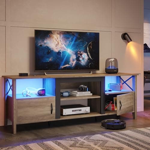 Bestier 63" Grey Wash Farmhouse TV Stand with LED Lights and Storage